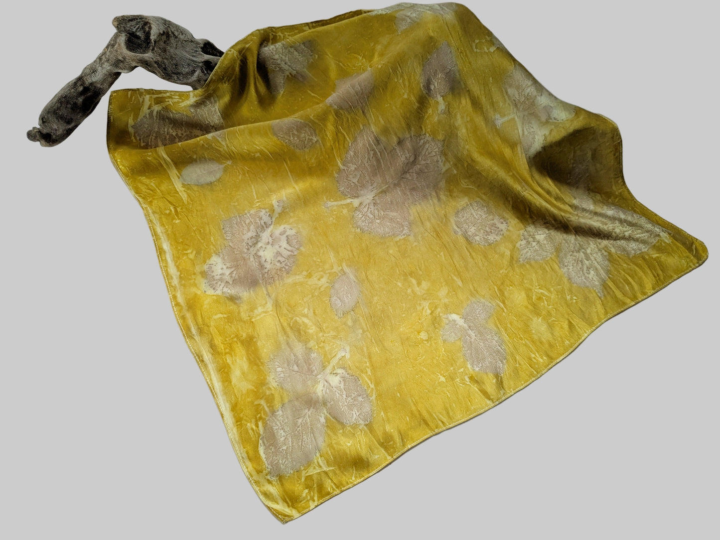 Marigold dyed natural silk scarf, eco printed with blackberry leaves