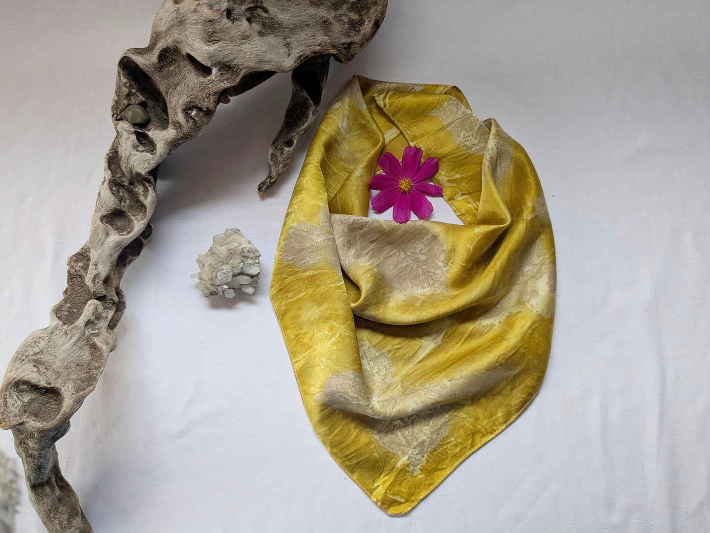 Marigold dyed natural silk scarf, eco printed with blackberry leaves