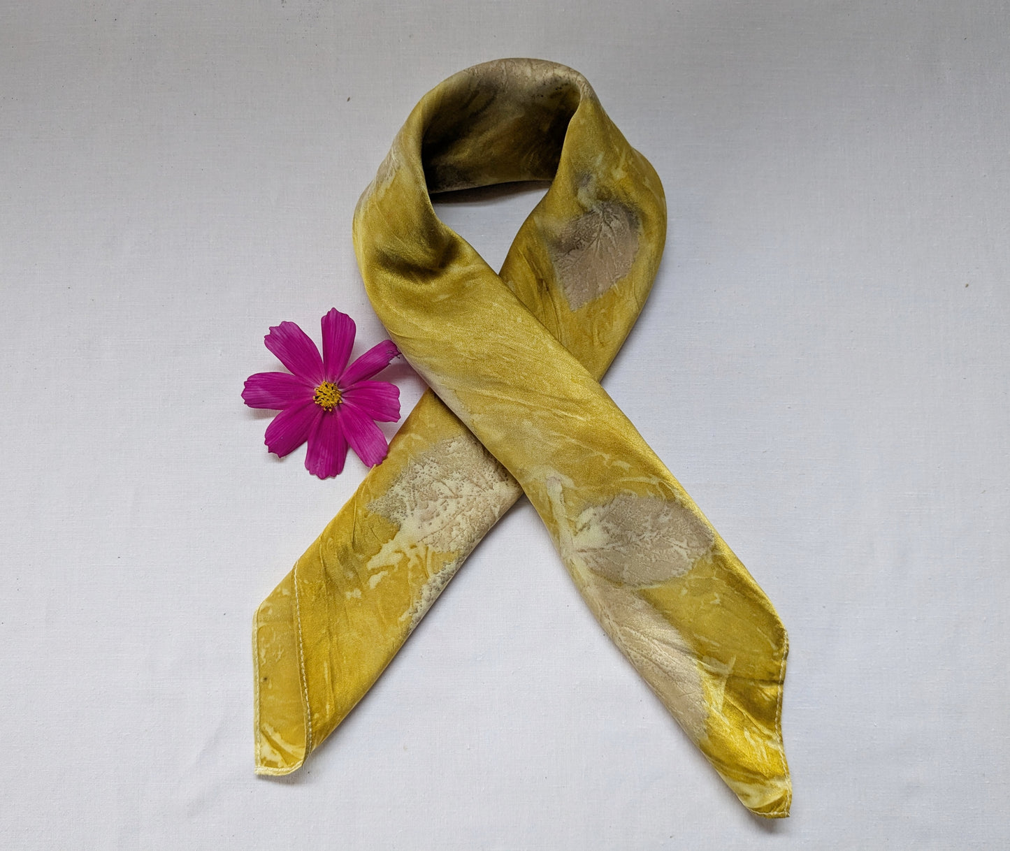 Marigold dyed natural silk scarf, eco printed with blackberry leaves