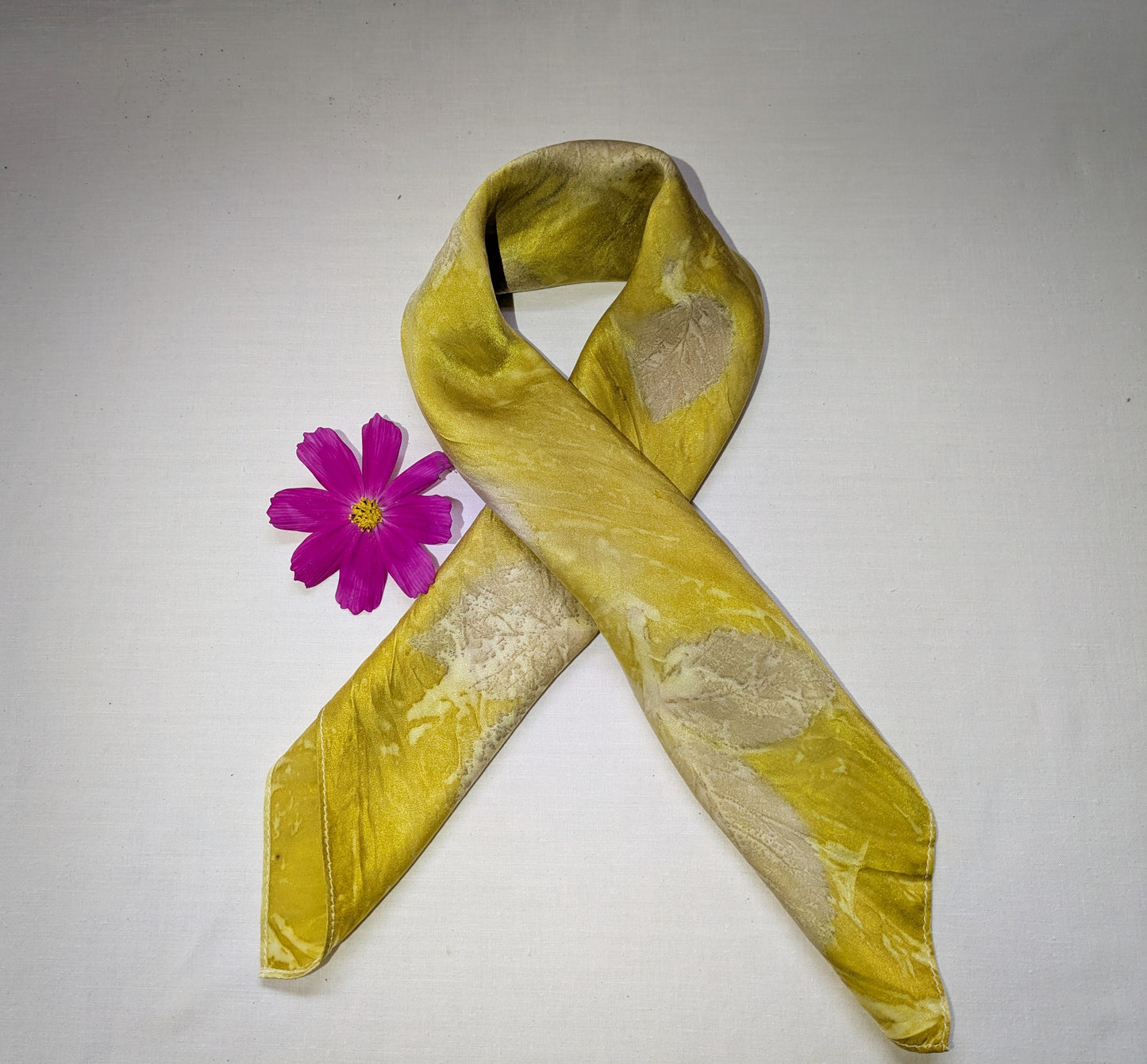 Marigold dyed natural silk scarf, eco printed with blackberry leaves