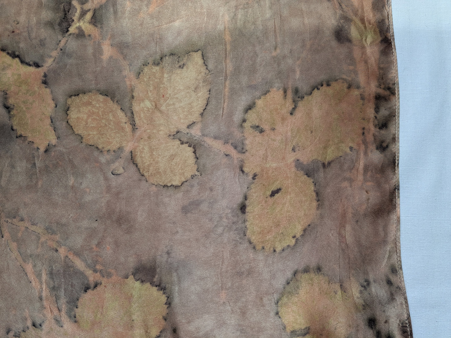 Strawberry leaves eco print on natural silk scarf