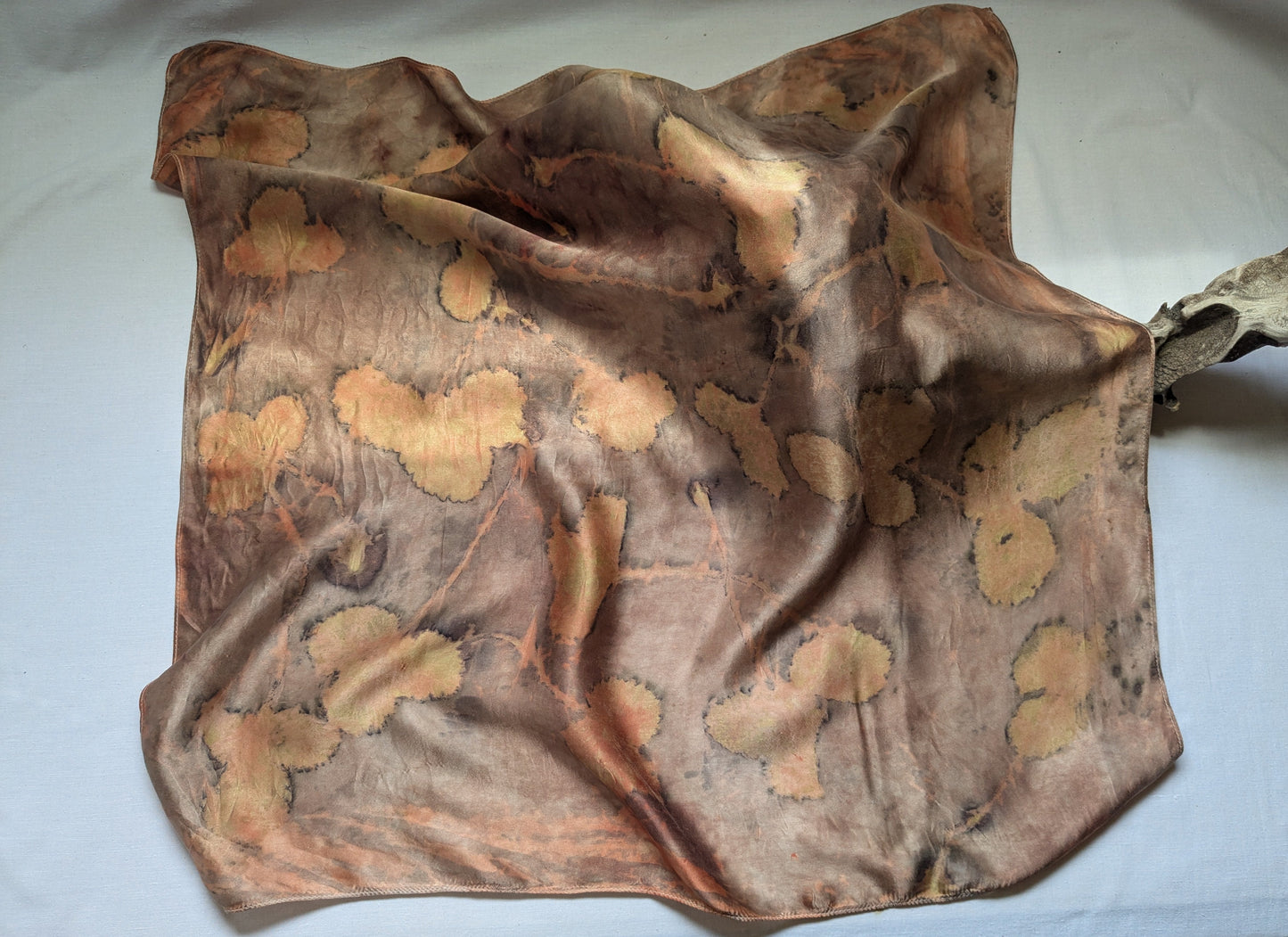 Strawberry leaves eco print on natural silk scarf