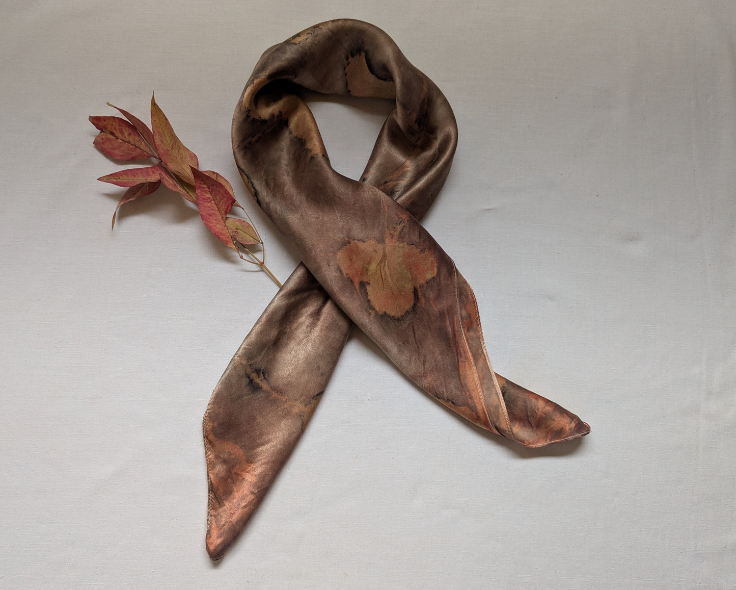 Strawberry leaves eco print on natural silk scarf