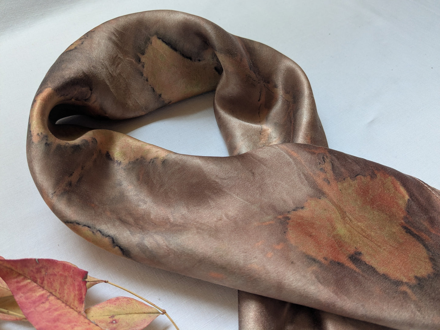 Strawberry leaves eco print on natural silk scarf