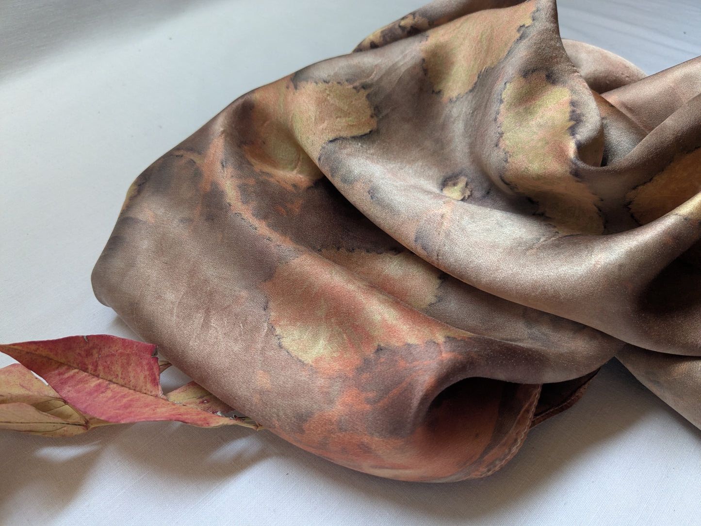 Strawberry leaves eco print on natural silk scarf