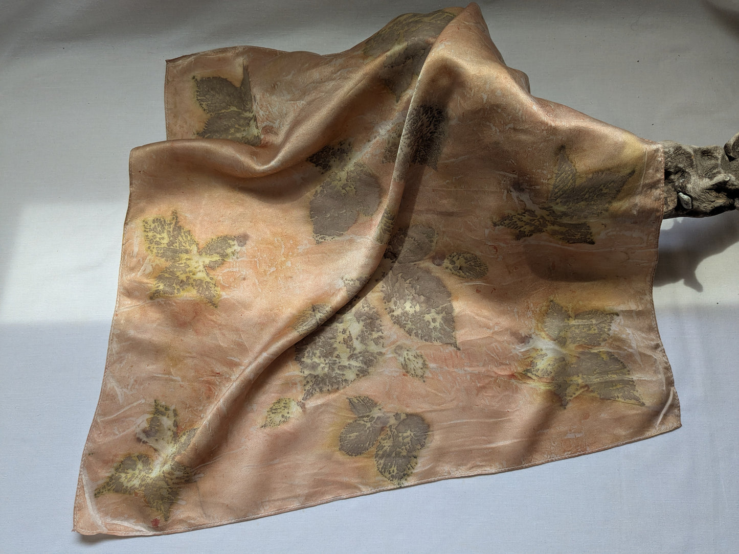 Blackberry leaves eco print on natural silk scarf