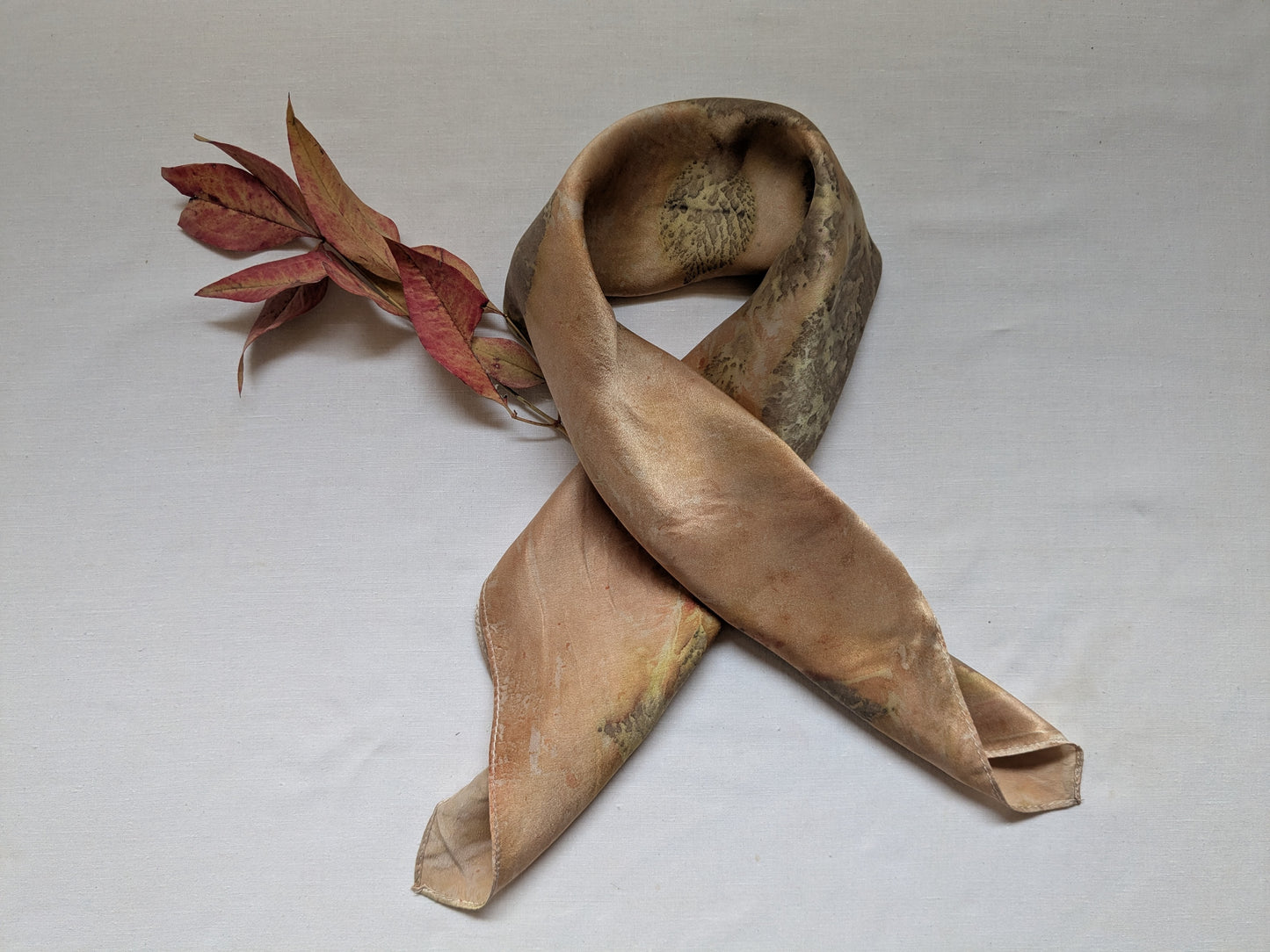 Blackberry leaves eco print on natural silk scarf