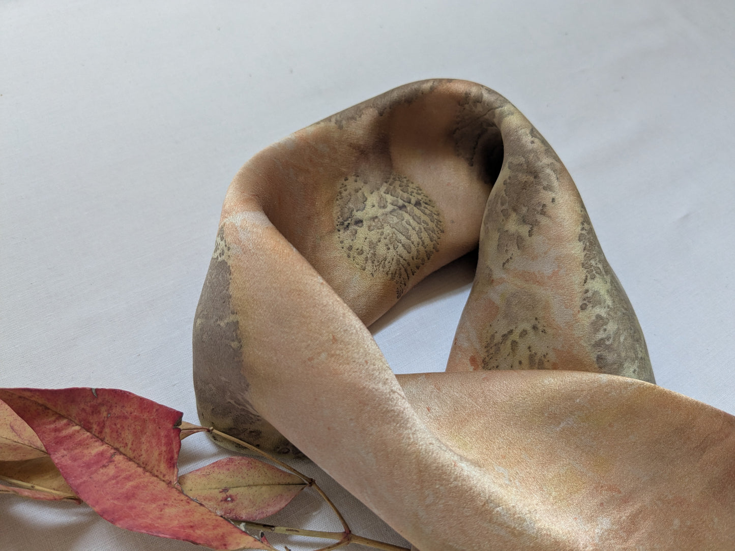 Blackberry leaves eco print on natural silk scarf