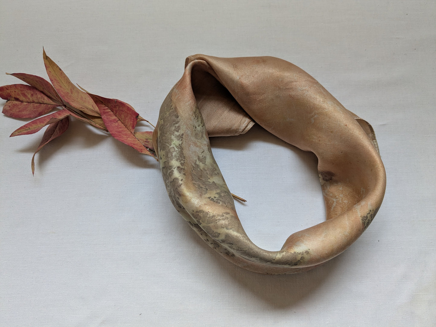 Blackberry leaves eco print on natural silk scarf