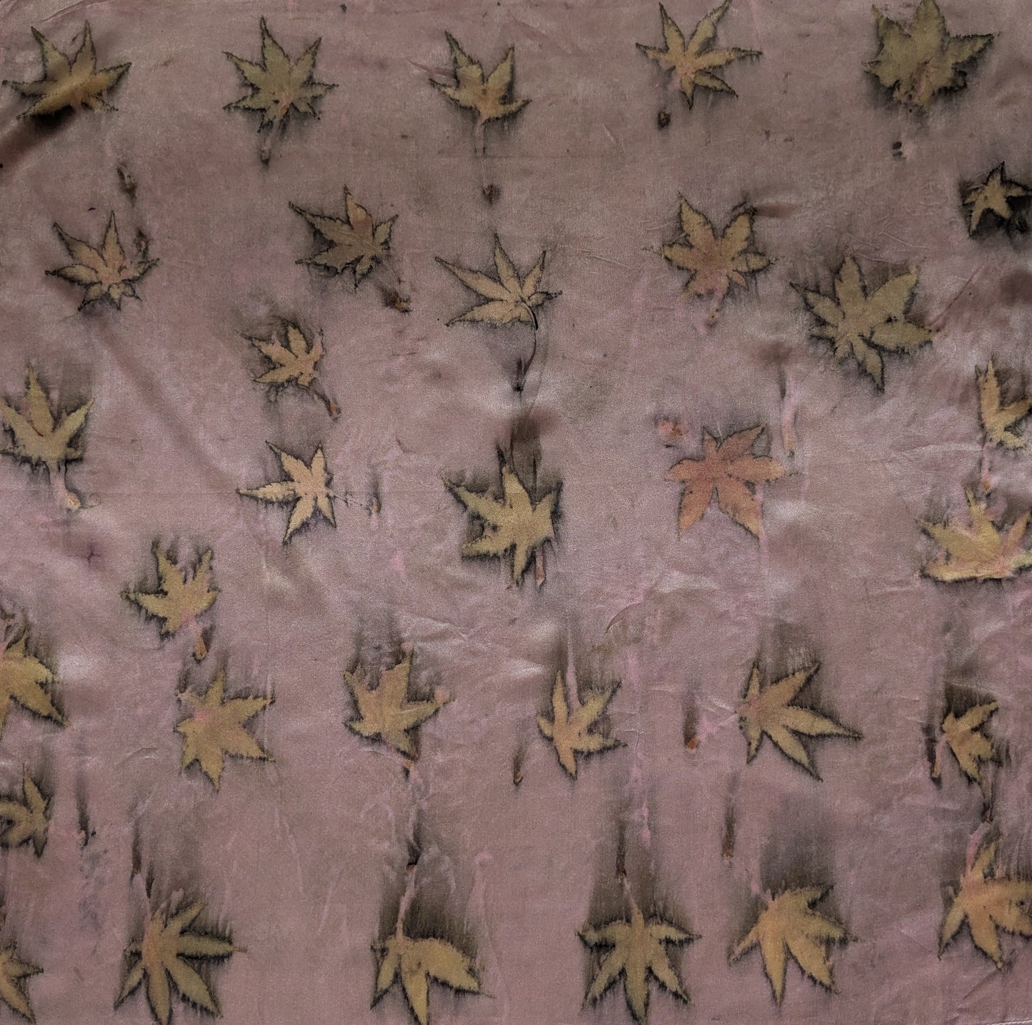 Maple leaves eco print on natural silk scarf