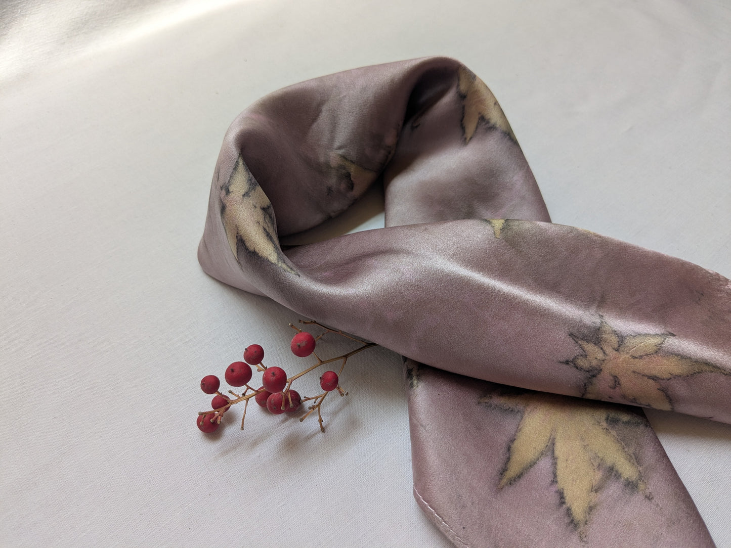 Maple leaves eco print on natural silk scarf