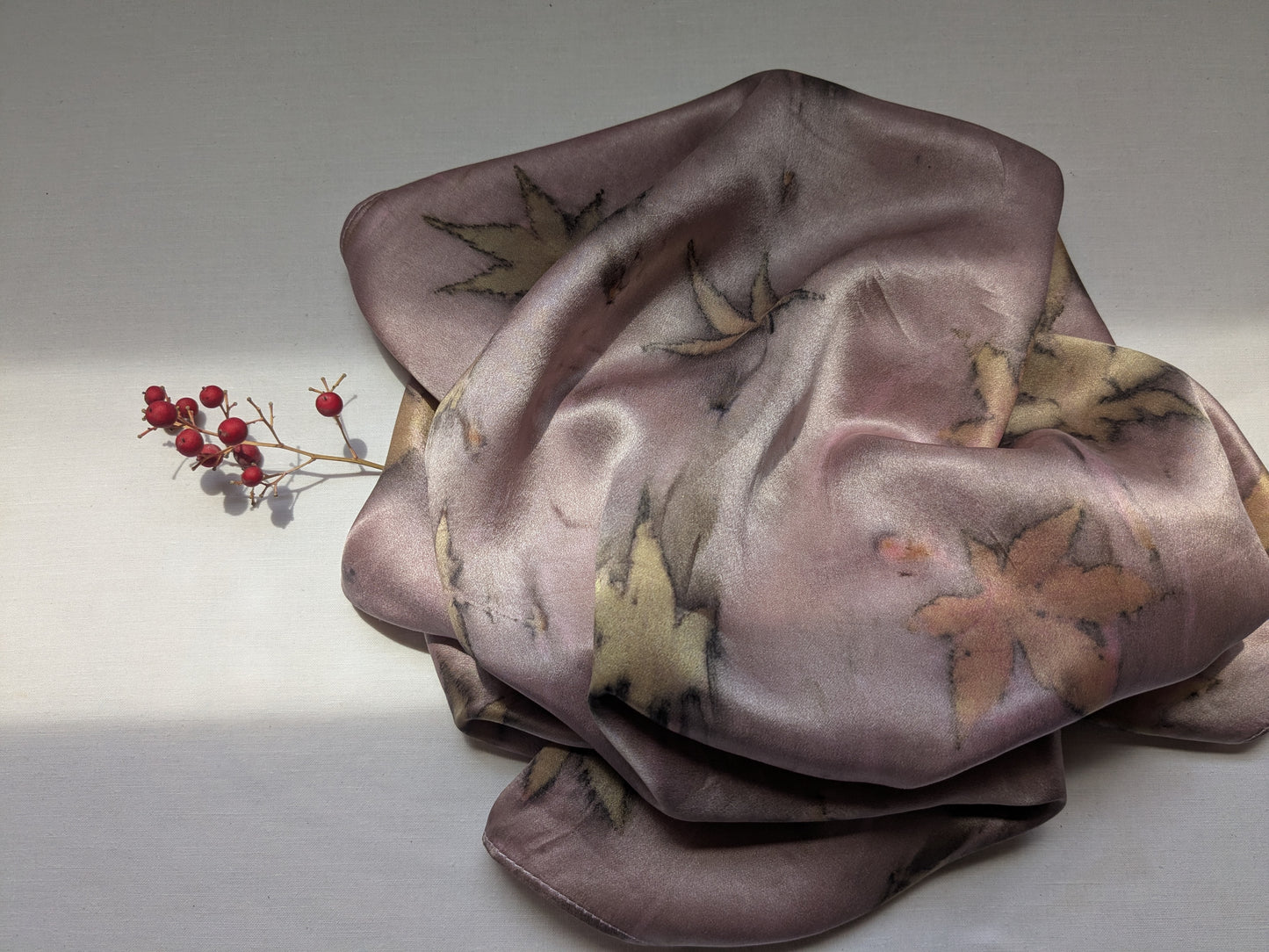 Maple leaves eco print on natural silk scarf