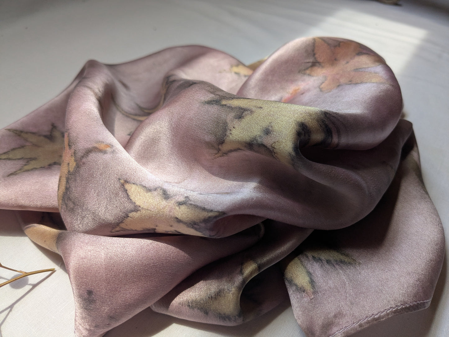 Maple leaves eco print on natural silk scarf