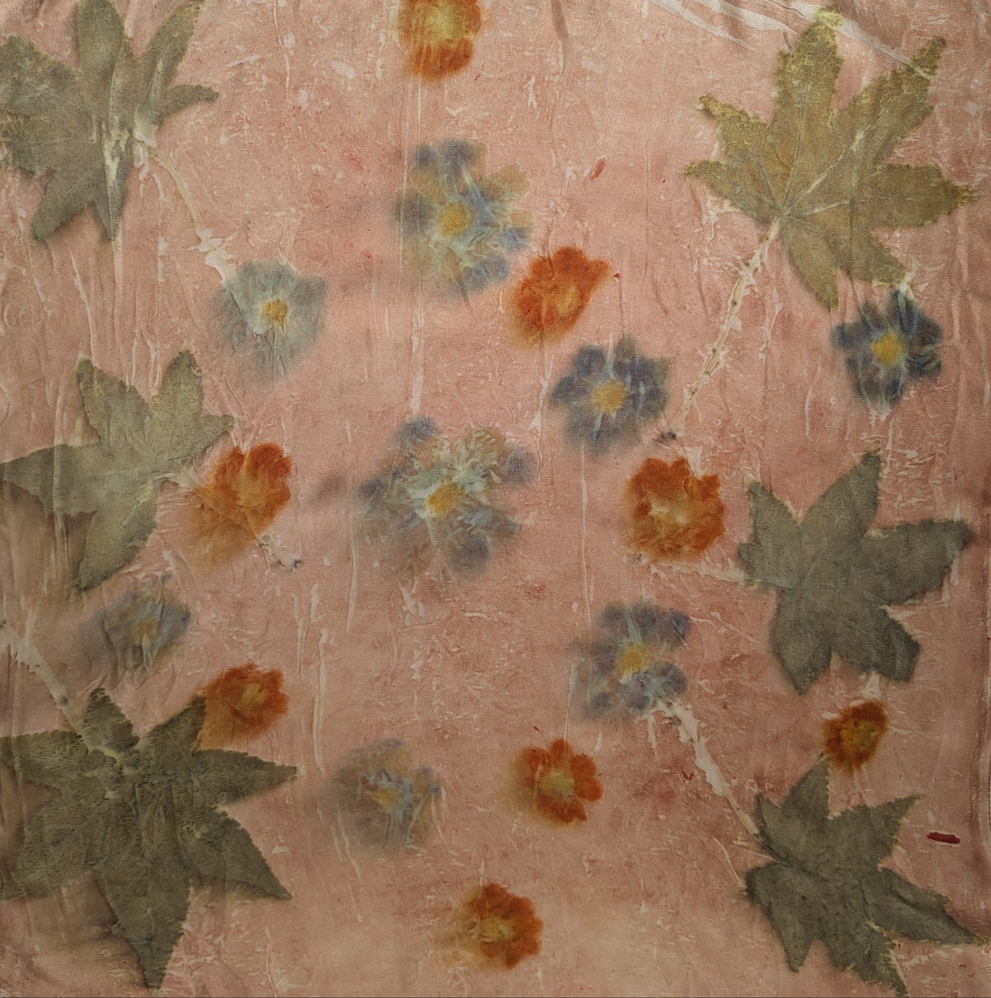 Eco printed natural silk satin scarf, flowers and leaves