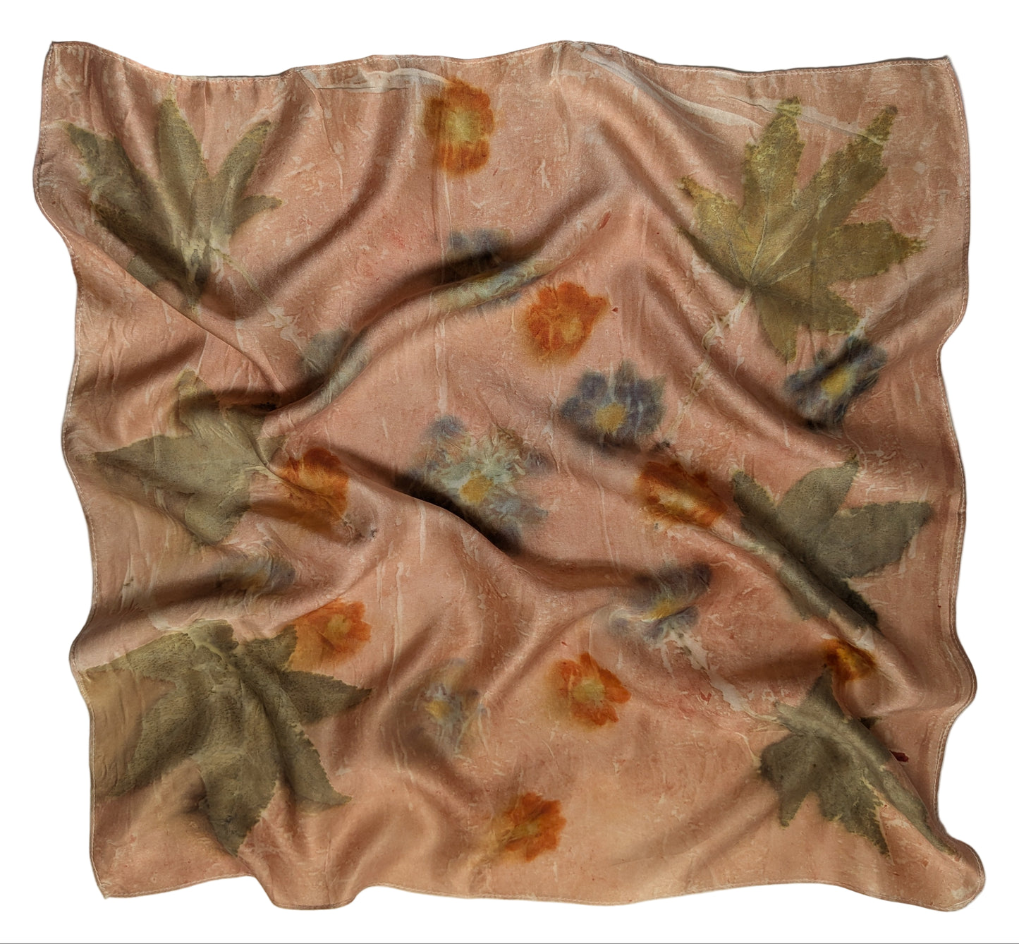 Eco printed natural silk satin scarf, flowers and leaves