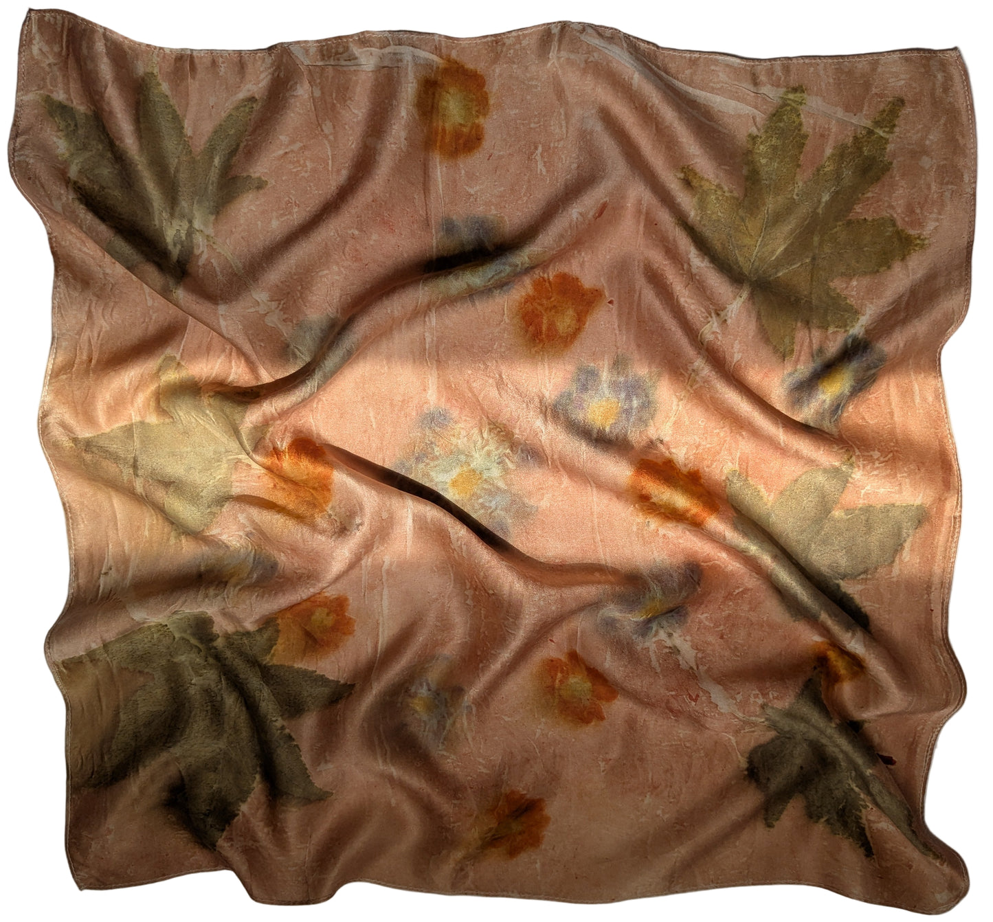 Eco printed natural silk satin scarf, flowers and leaves