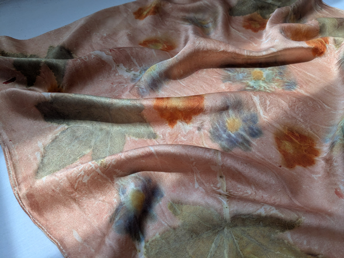 Eco printed natural silk satin scarf, flowers and leaves