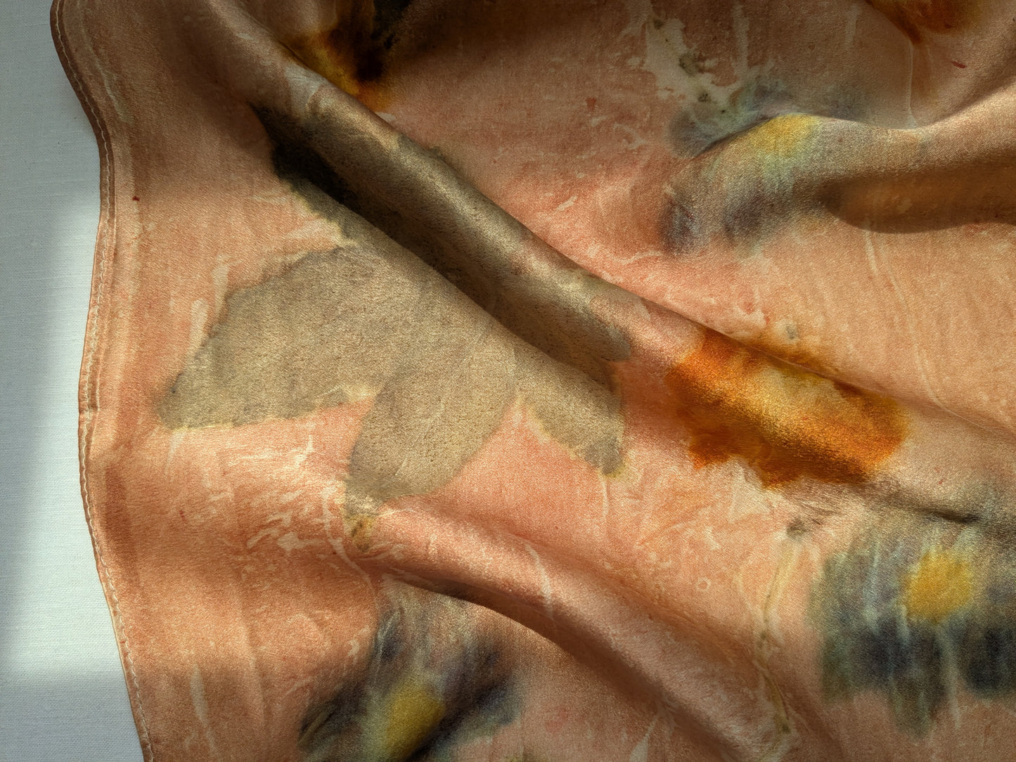 Eco printed natural silk satin scarf, flowers and leaves