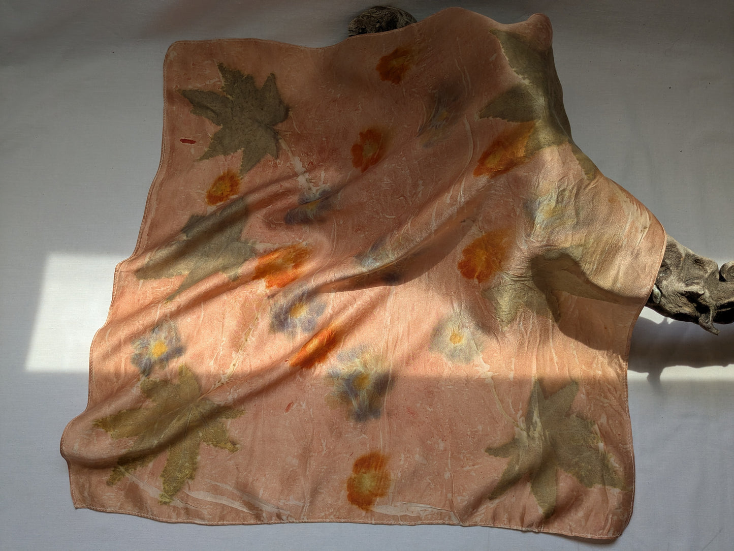 Eco printed natural silk satin scarf, flowers and leaves