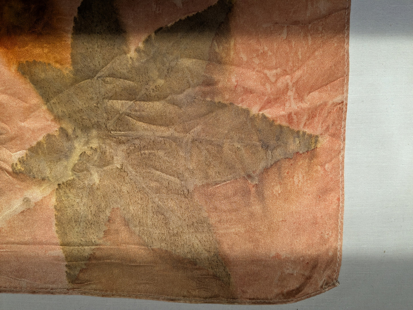 Eco printed natural silk satin scarf, flowers and leaves