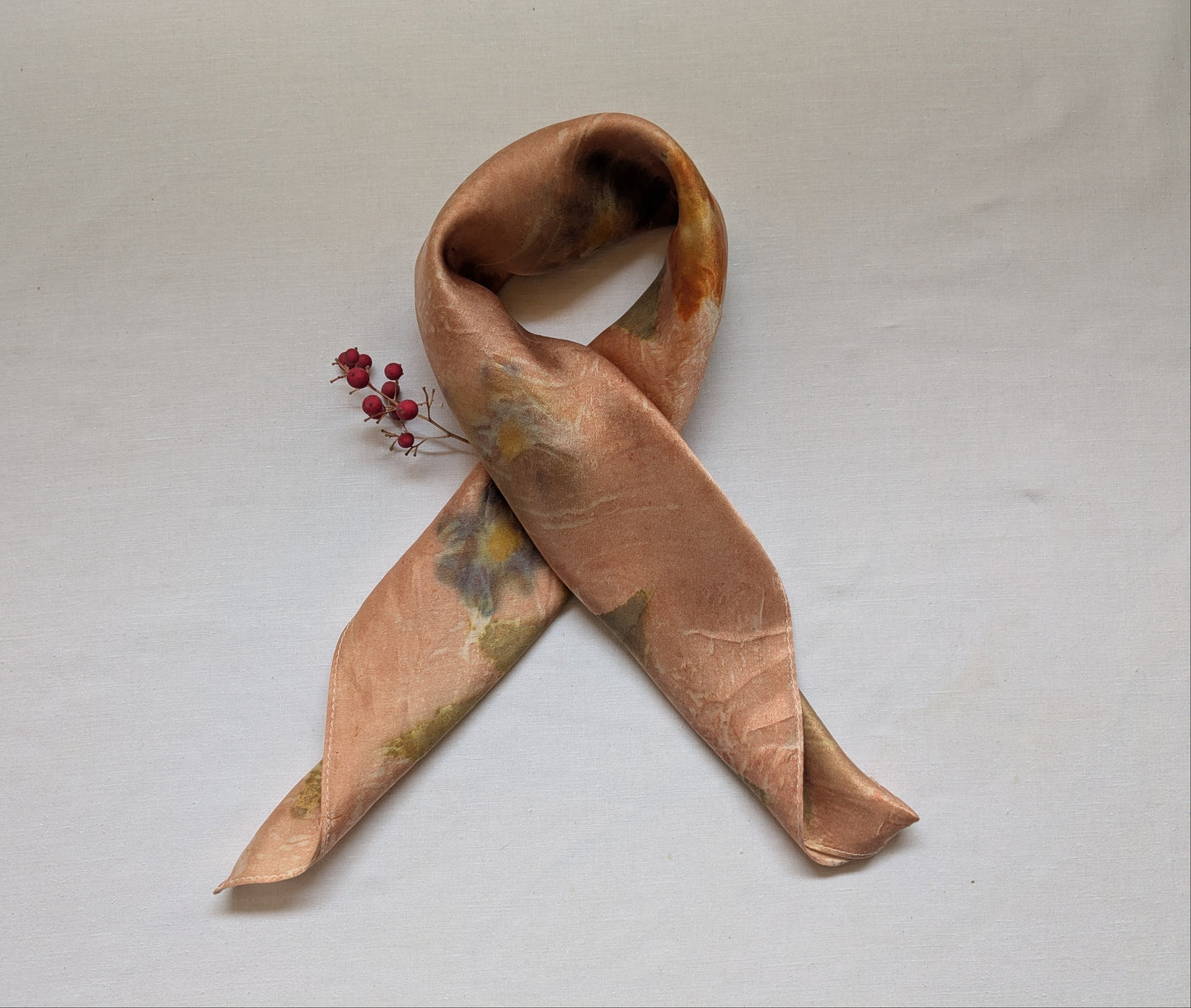 Eco printed natural silk satin scarf, flowers and leaves