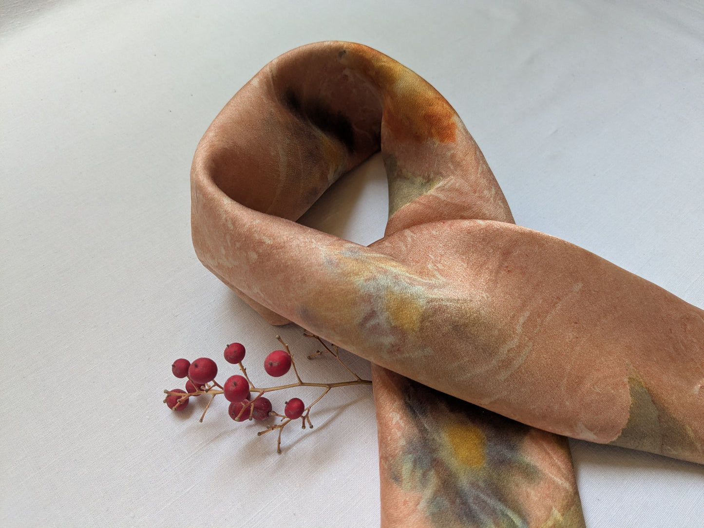 Eco printed natural silk satin scarf, flowers and leaves