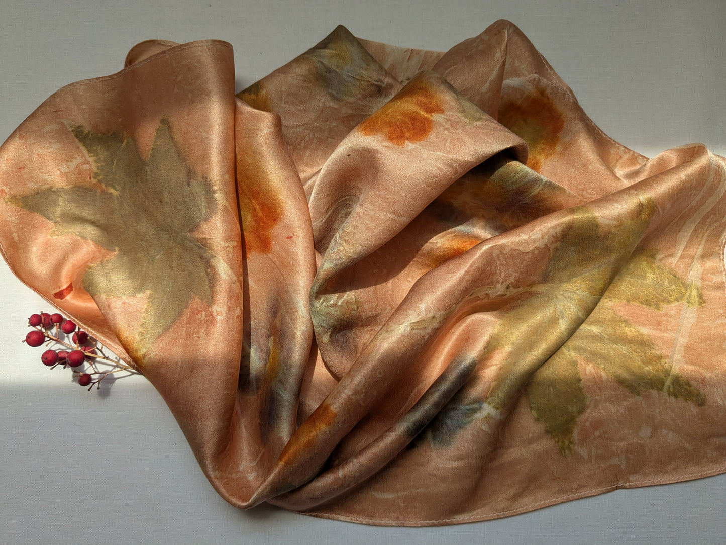 Eco printed natural silk satin scarf, flowers and leaves