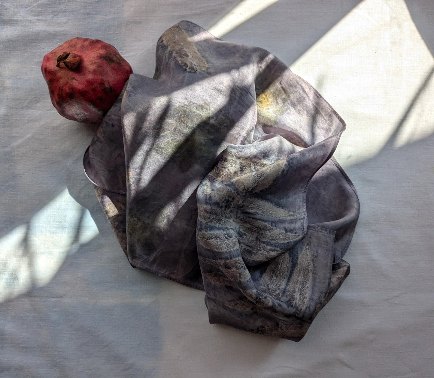 Eco print scarf, Hand-Dyed Silk Scarf – Logwood Bark, Sumac, Cosmos & Smokebush Natural Dye, Eco-Printed