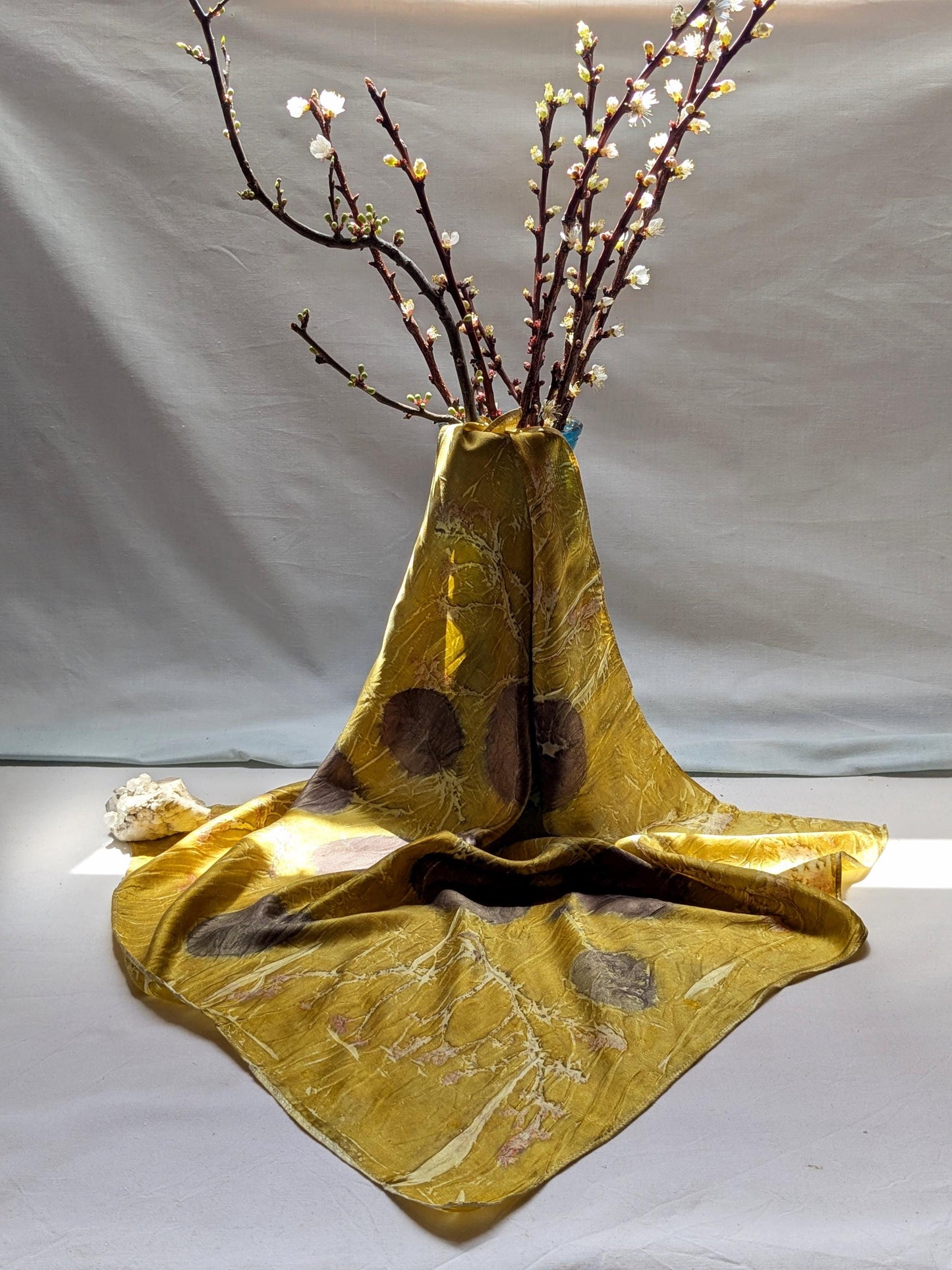 Eco-Printed Silk Scarf – Golden Yellow with Botanical prints – Handmade Sustainable Fashion Accessory from Georgia