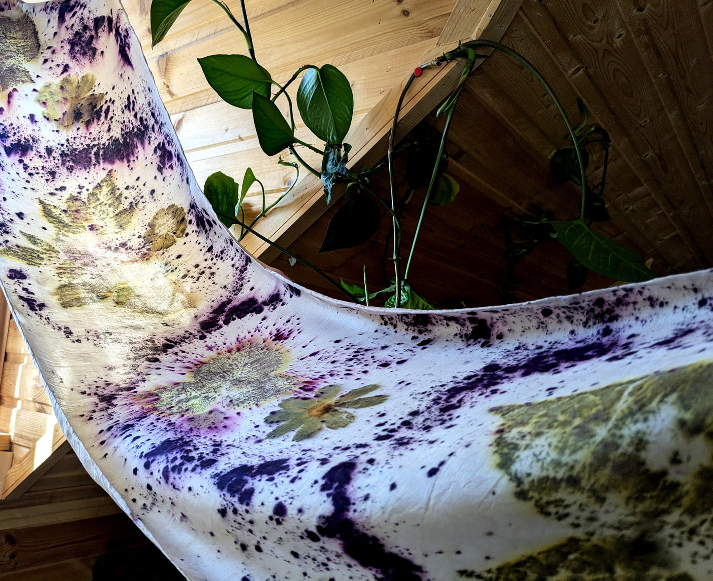Eco Printed Silk Scarf: Cosmos Flowers, Blackberry Leaves