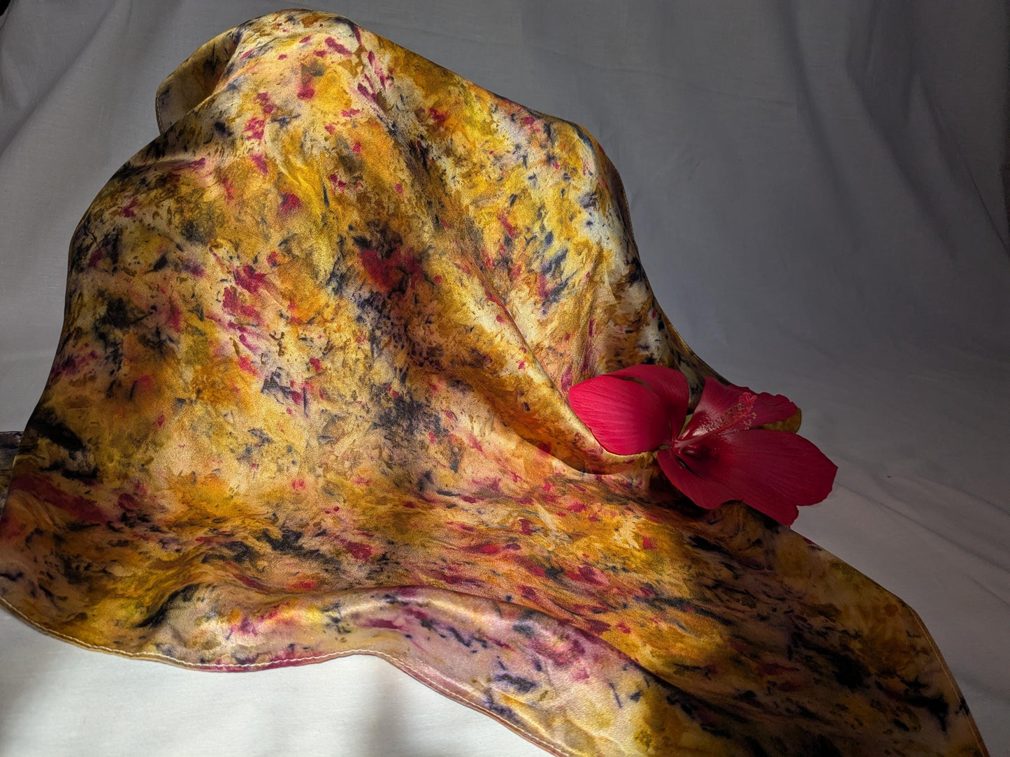 Plant dyed natural silk scarf: marigolds, madder, logwood and cochineal