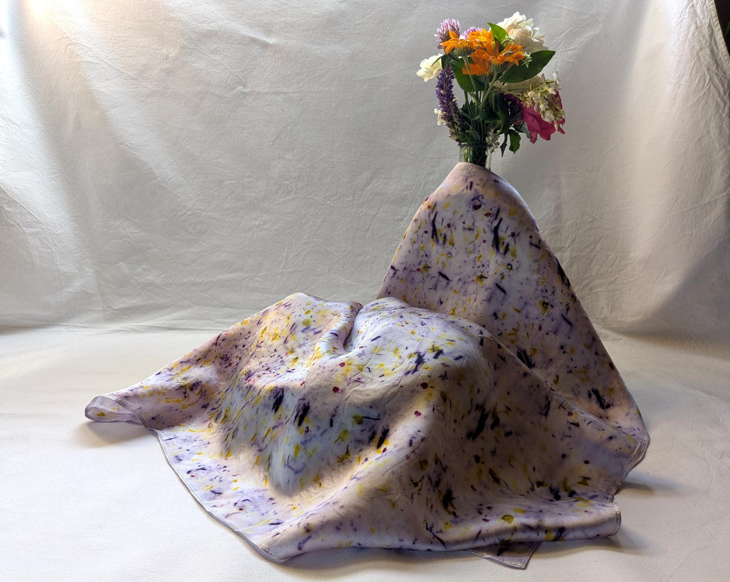 Botanical Eco Print Silk Scarf: Logwood & Marigold Dyed, Handmade in Georgia