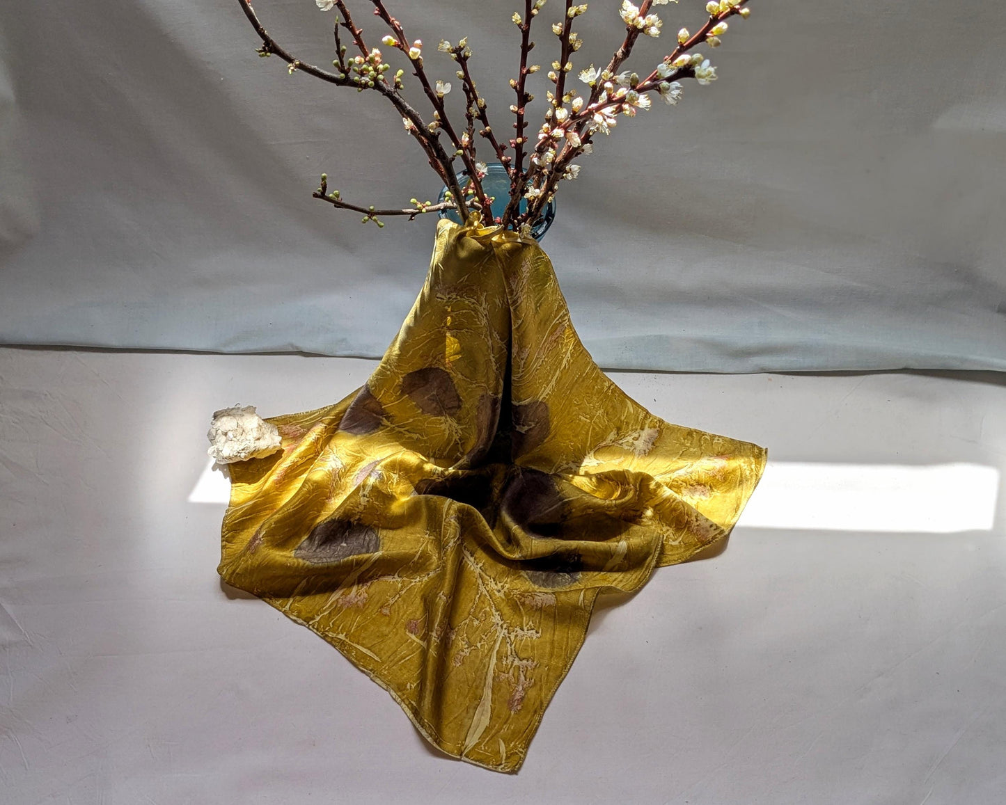 Eco-Printed Silk Scarf – Golden Yellow with Botanical prints – Handmade Sustainable Fashion Accessory from Georgia