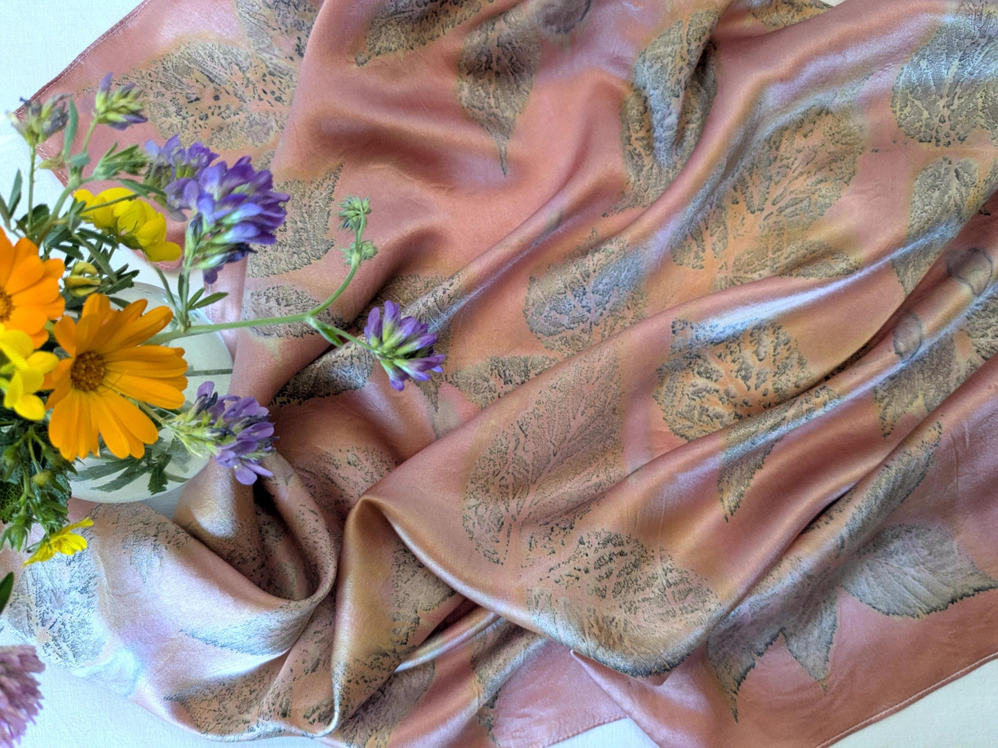 Eco Print Silk Scarf: Cochineal & Raspberry Leaf Dyed - 70x70cm