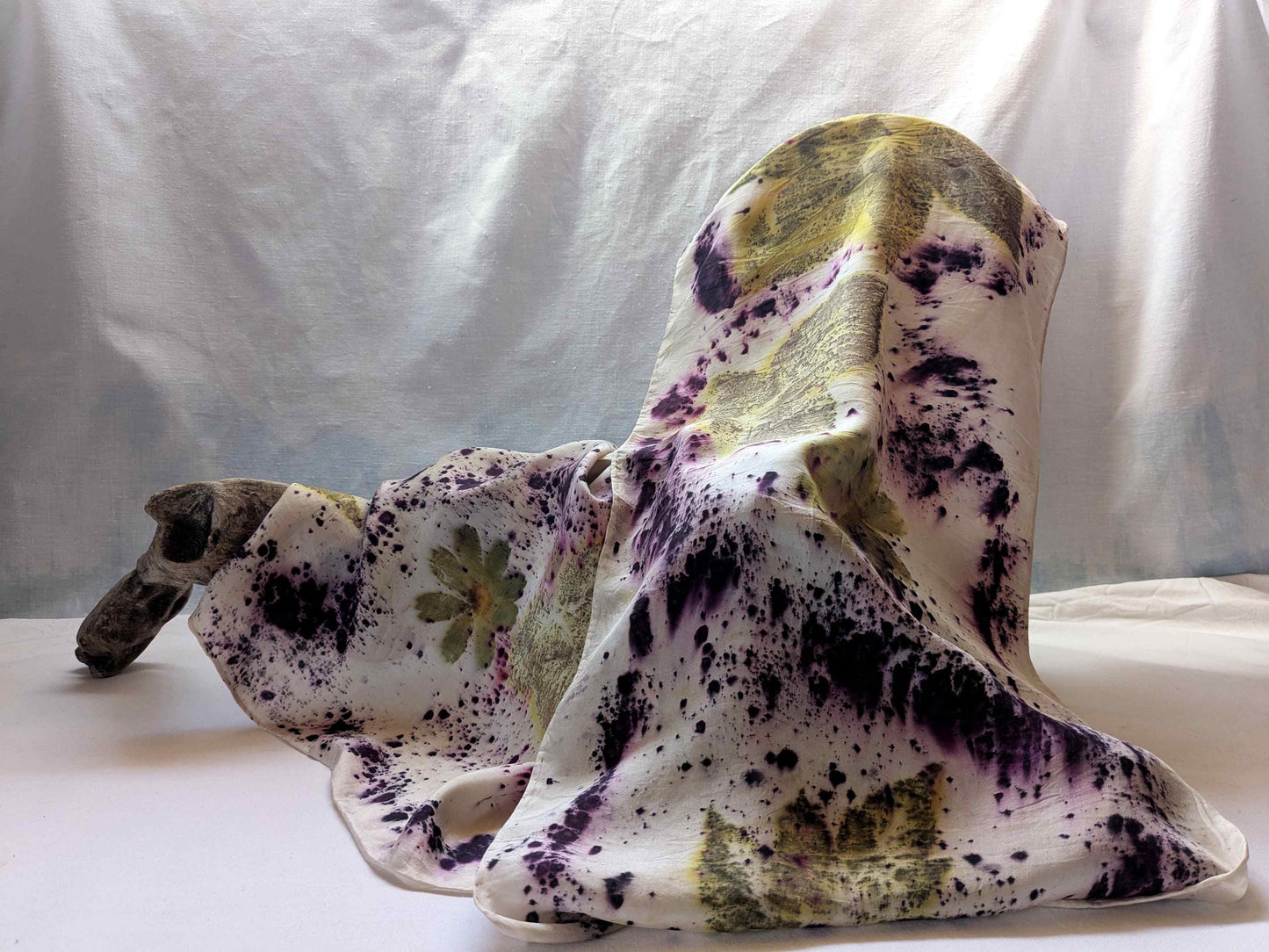 Eco Printed Silk Scarf: Cosmos Flowers, Blackberry Leaves