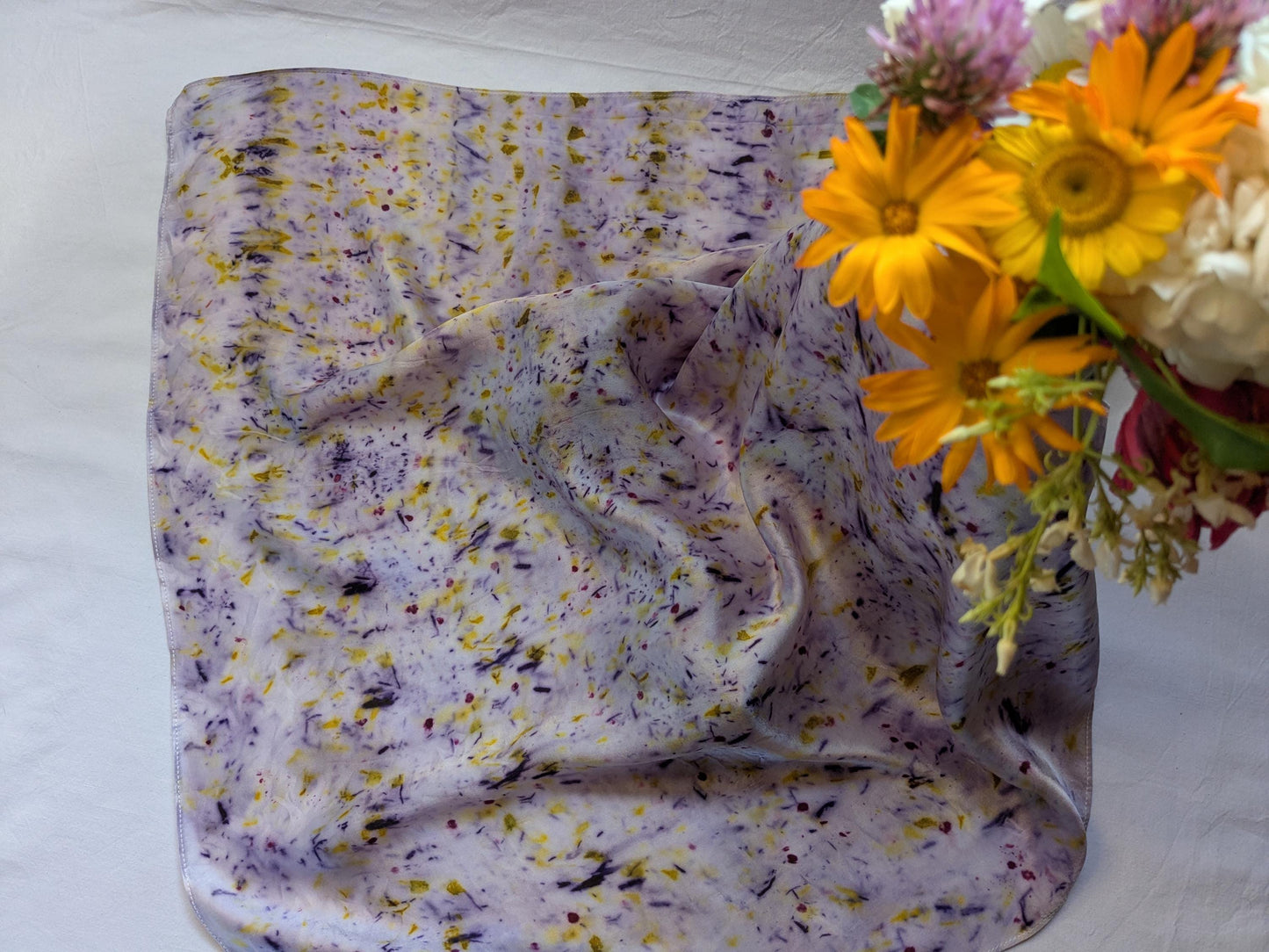 Botanical Eco Print Silk Scarf: Logwood & Marigold Dyed, Handmade in Georgia