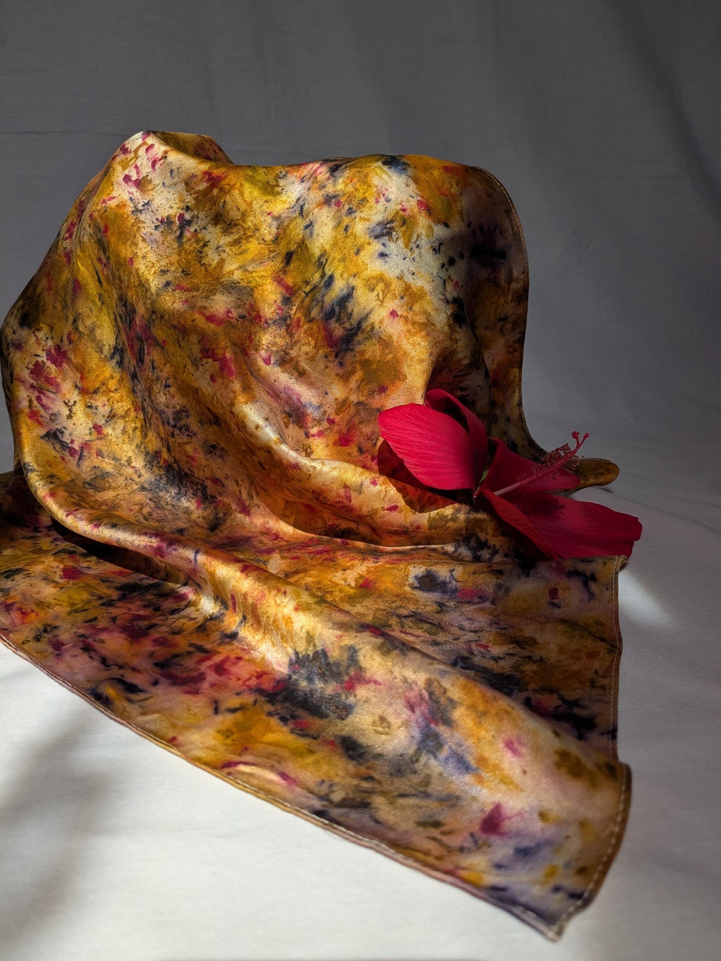 Plant dyed natural silk scarf: marigolds, madder, logwood and cochineal