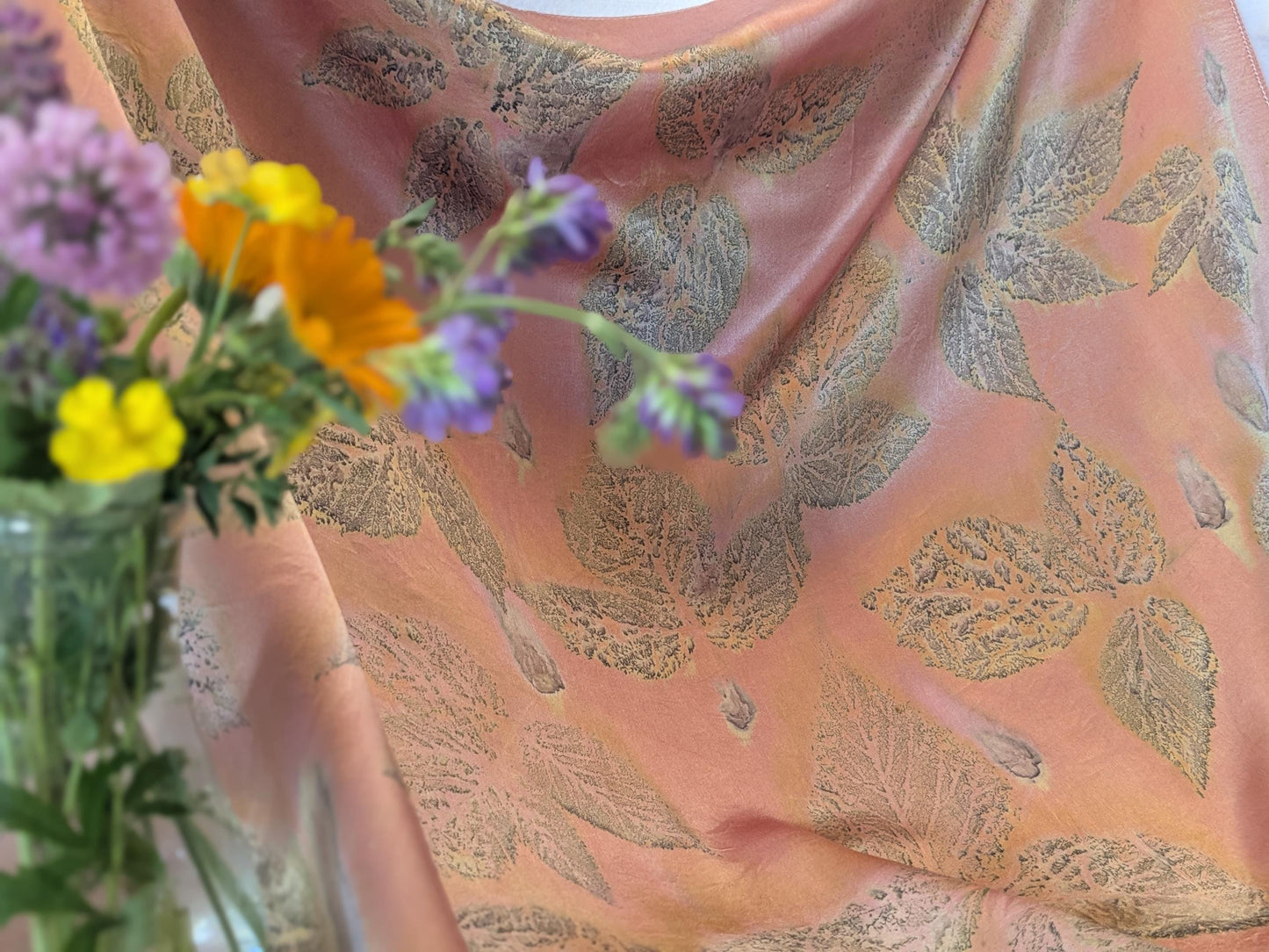 Eco Print Silk Scarf: Cochineal & Raspberry Leaf Dyed - 70x70cm