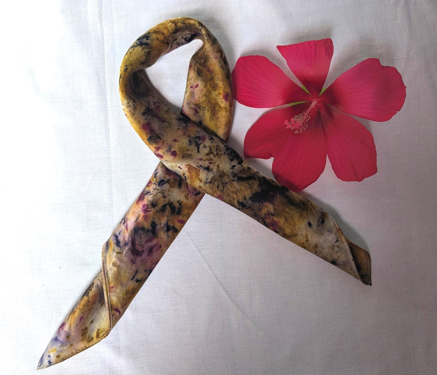 Plant dyed natural silk scarf: marigolds, madder, logwood and cochineal