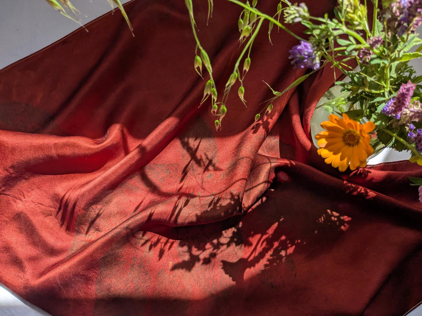 Eco-Printed Organic Silk Scarf: Madder Root Dyed, Walnut Leaf Design
