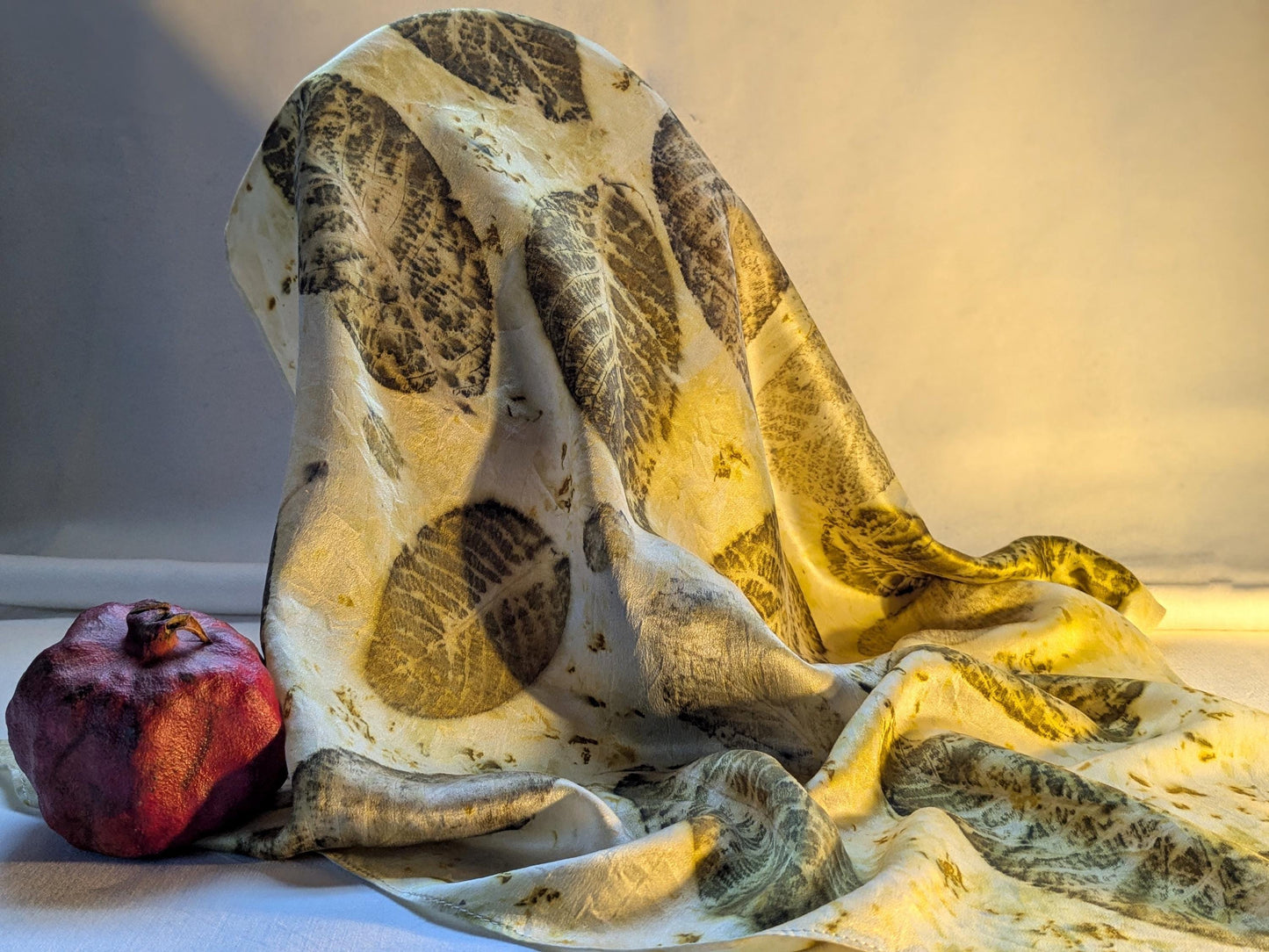 Eco-Printed Silk Scarf: Walnut Leaf Design, Natural Satin