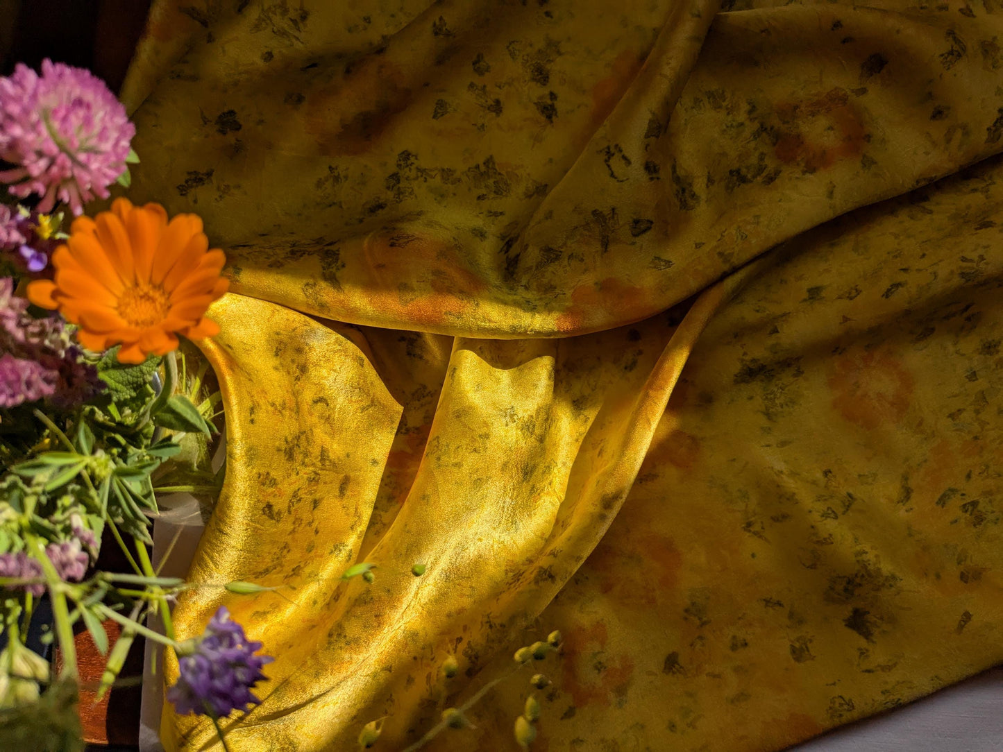 Eco Print Silk Scarf: Cosmos & Marigold Flowers, Boho Style