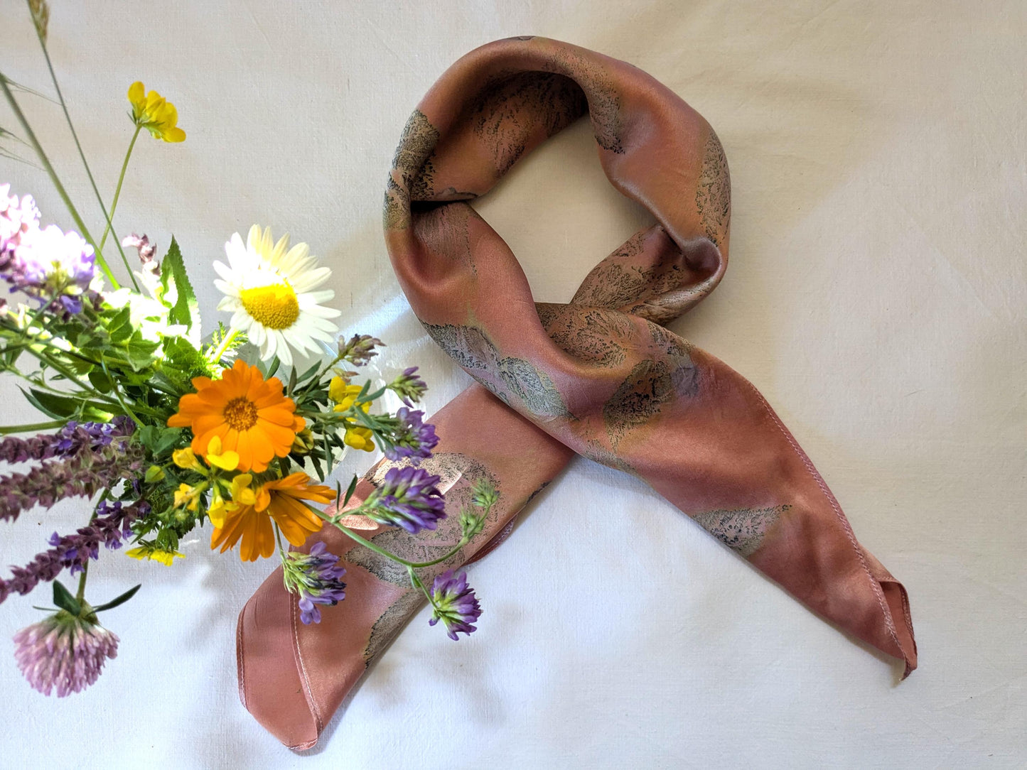 Eco Print Silk Scarf: Cochineal & Raspberry Leaf Dyed - 70x70cm