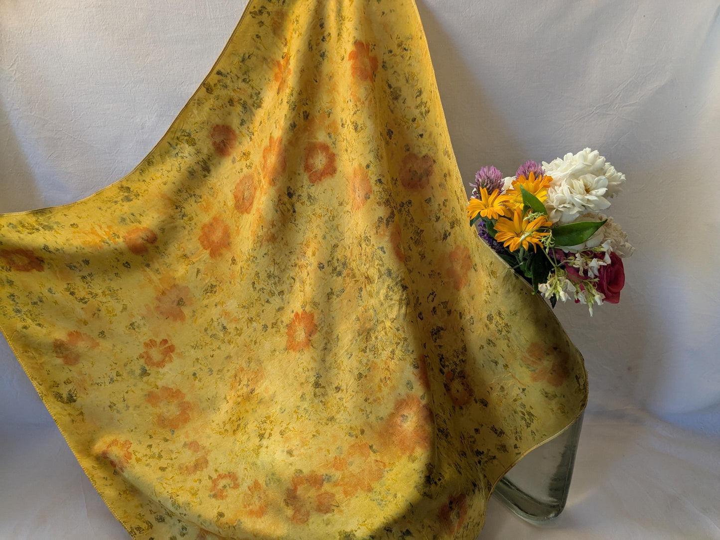 Eco Print Silk Scarf: Cosmos & Marigold Flowers, Boho Style