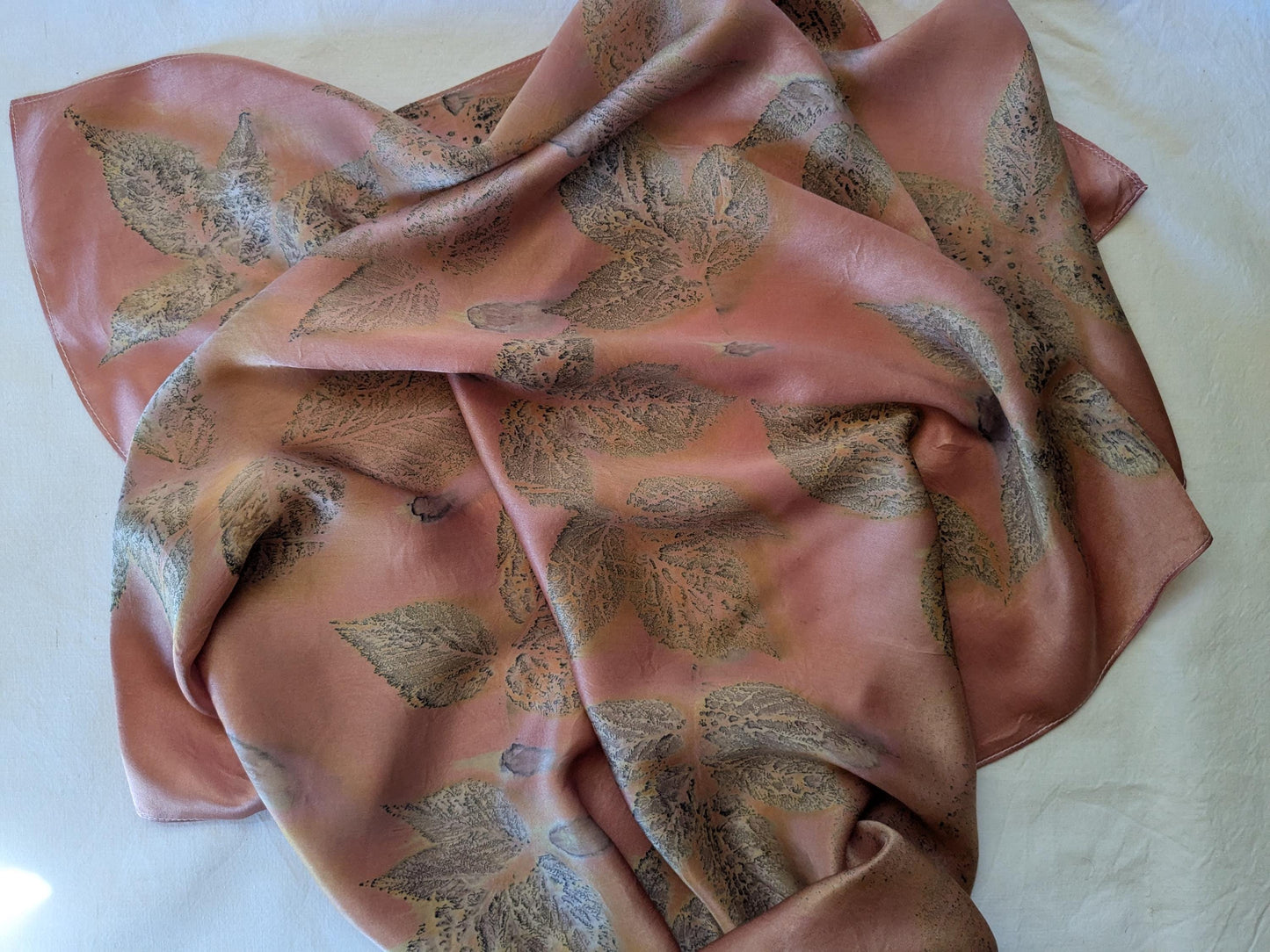 Eco Print Silk Scarf: Cochineal & Raspberry Leaf Dyed - 70x70cm