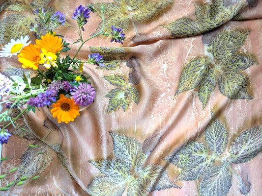 Organic Silk Eco Print Scarf: Madder Root Dyed, Raspberry Leaf