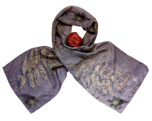 Eco print scarf, Hand-Dyed Silk Scarf – Logwood Bark, Sumac, Cosmos & Smokebush Natural Dye, Eco-Printed