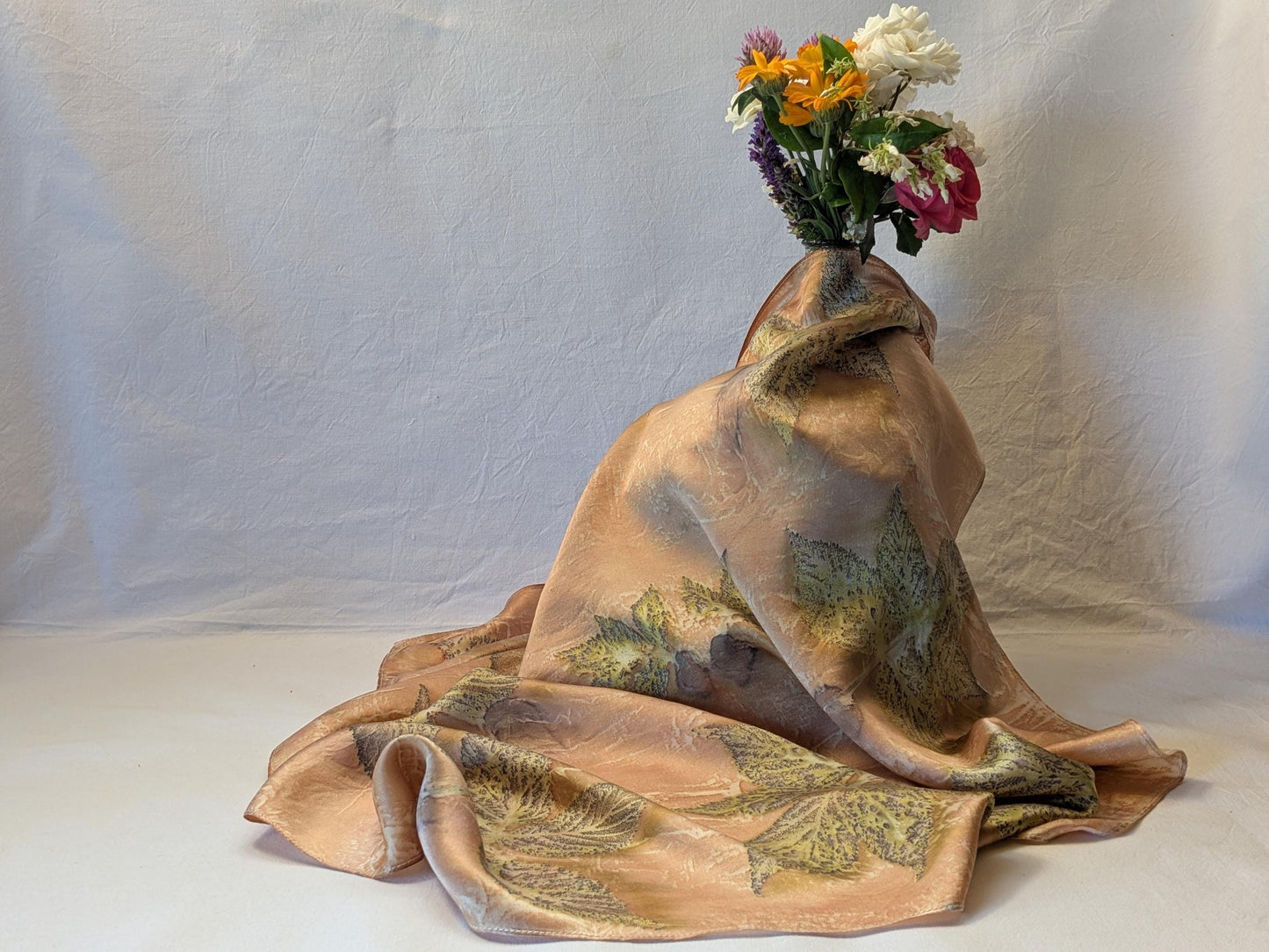 Organic Silk Eco Print Scarf: Madder Root Dyed, Raspberry Leaf