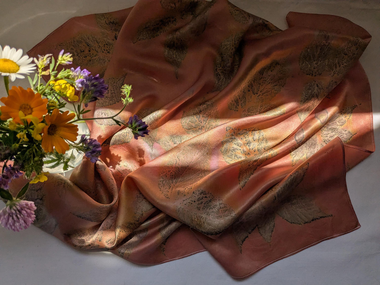 Eco Print Silk Scarf: Cochineal & Raspberry Leaf Dyed - 70x70cm